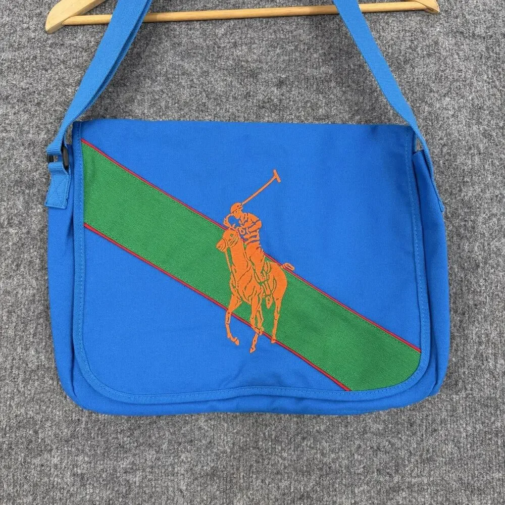 Polo Ralph Lauren Big Pony Canvas Messenger Bag Blue Green Collage Travel Work
